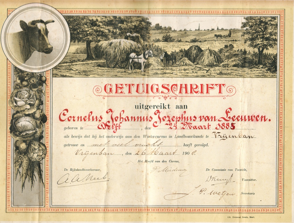 Getuigschrift van dewintercursus landbouwkunde te Vrijenban, die Cor op 26 maart 1908 heeft voltooid.